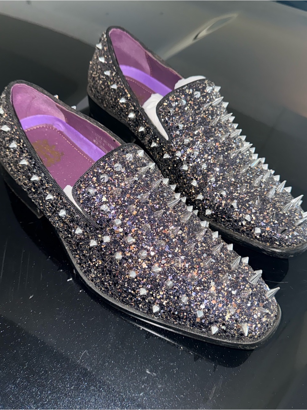 Men's Glitter Spike Slip-On Loafers in Black - Picture 2 of 4
